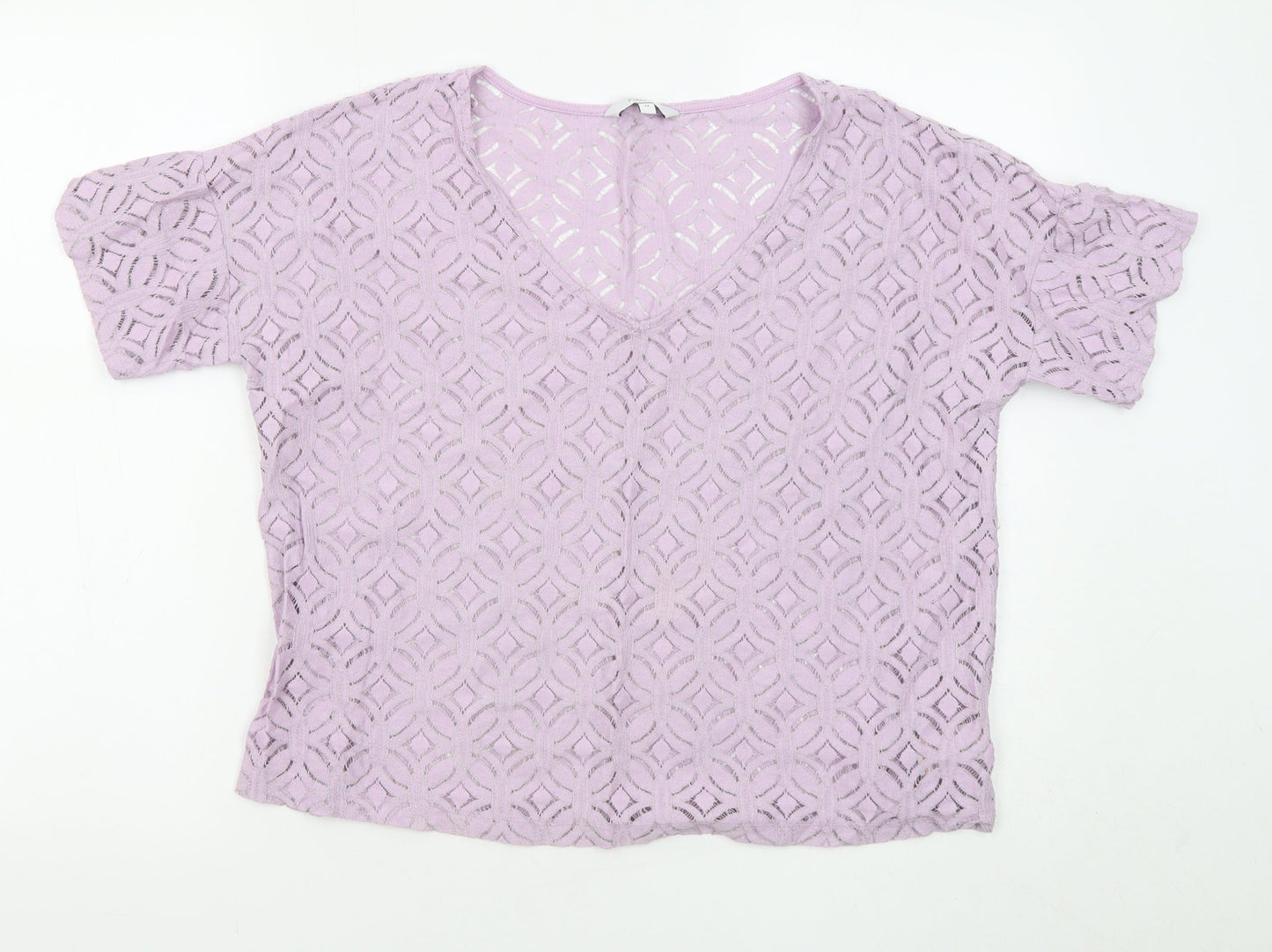 NEXT Womens Purple Geometric Cotton Basic T-Shirt Size 12 Round Neck - Overlay Top
