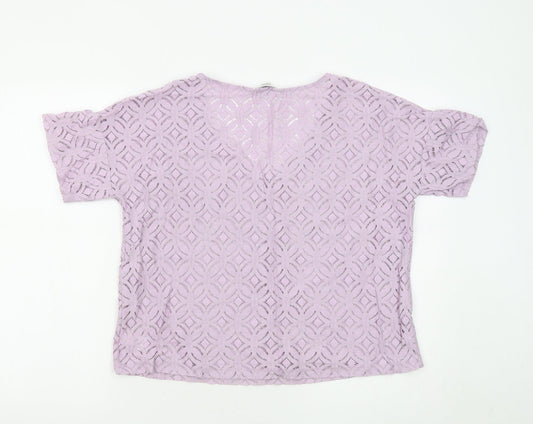 NEXT Womens Purple Geometric Cotton Basic T-Shirt Size 12 Round Neck - Overlay Top