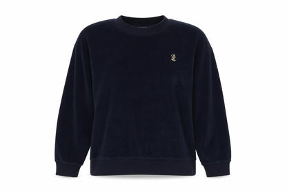 Front view of Juicy Couture women’s blue polyester pullover sweatshirt, size M, pullover