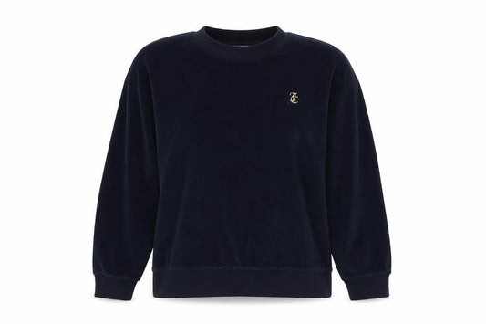 Front view of Juicy Couture women’s blue polyester pullover sweatshirt, size M, pullover