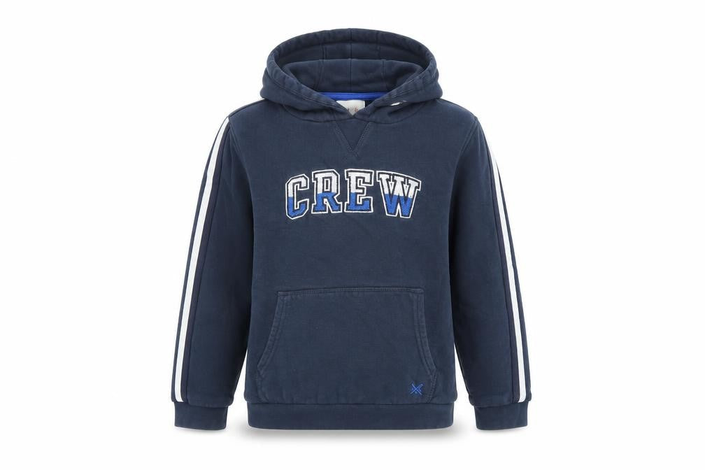 Front view of Crew Clothing Blue 100% Cotton Pullover Hoodie, size 9-10, Years Pullover
