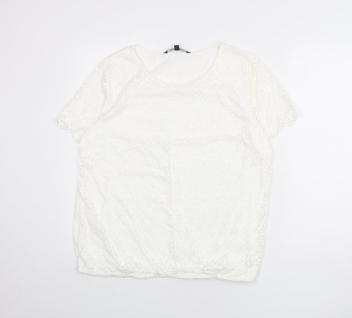 Bonmarché Womens White Geometric Polyester Basic T-Shirt Size 18 Scoop Neck - Lace Overlay