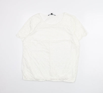Bonmarché Womens White Geometric Polyester Basic T-Shirt Size 18 Scoop Neck - Lace Overlay