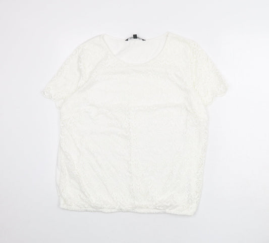 Bonmarché Womens White Geometric Polyester Basic T-Shirt Size 18 Scoop Neck - Lace Overlay