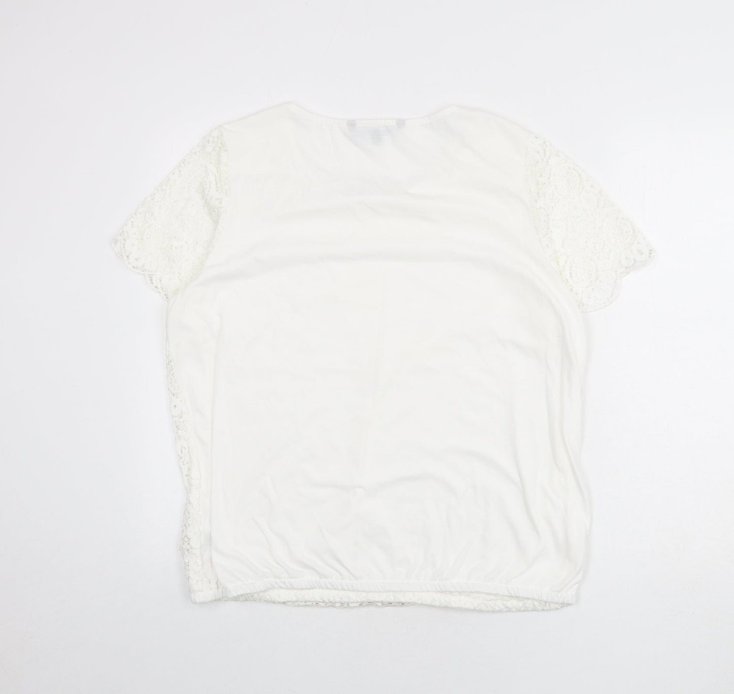 Bonmarché Womens White Geometric Polyester Basic T-Shirt Size 18 Scoop Neck - Lace Overlay