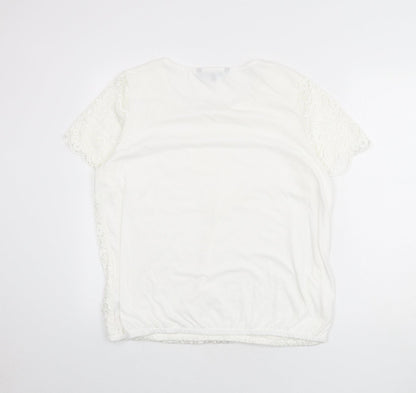 Bonmarché Womens White Geometric Polyester Basic T-Shirt Size 18 Scoop Neck - Lace Overlay