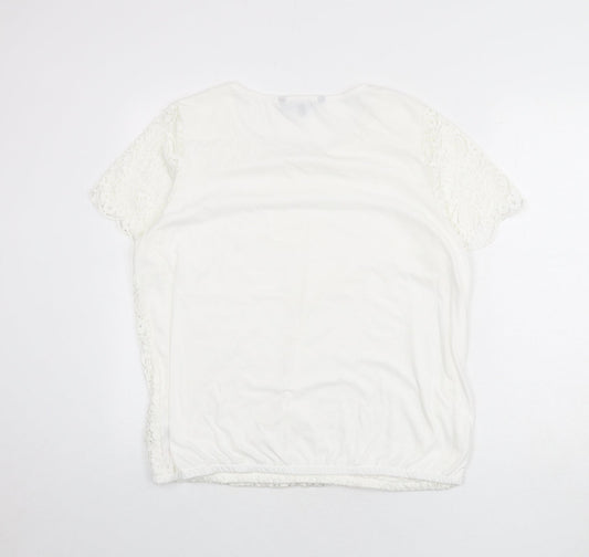Bonmarché Womens White Geometric Polyester Basic T-Shirt Size 18 Scoop Neck - Lace Overlay