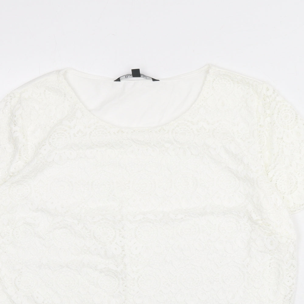Bonmarché Womens White Geometric Polyester Basic T-Shirt Size 18 Scoop Neck - Lace Overlay