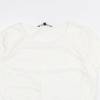 Bonmarché Womens White Geometric Polyester Basic T-Shirt Size 18 Scoop Neck - Lace Overlay