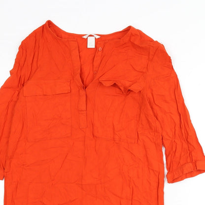H&M Womens Orange Viscose Shirt Dress Size 8 V-Neck Button