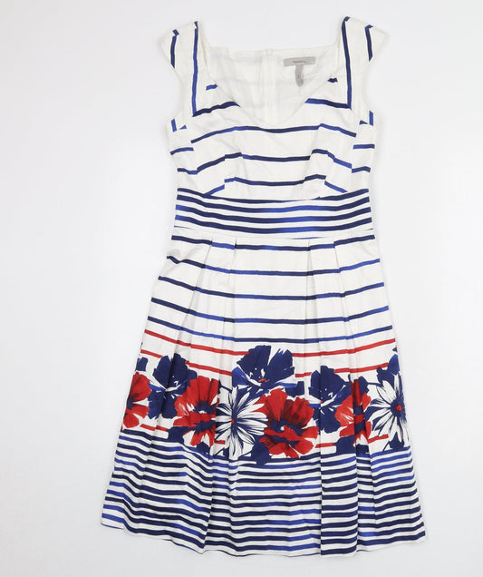 Pepperberry Womens White Striped Cotton Fit & Flare Size 8 V-Neck Zip - Flowers