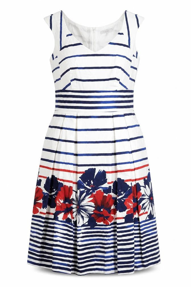 Pepperberry Womens White Striped Cotton Fit & Flare Size 8 V-Neck Zip - Flowers