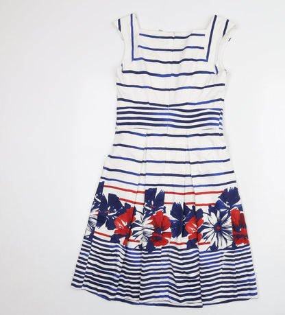 Pepperberry Womens White Striped Cotton Fit & Flare Size 8 V-Neck Zip - Flowers