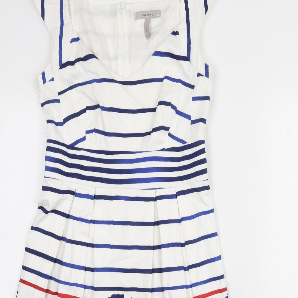 Pepperberry Womens White Striped Cotton Fit & Flare Size 8 V-Neck Zip - Flowers