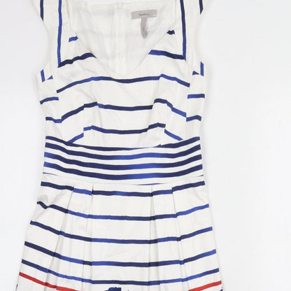 Pepperberry Womens White Striped Cotton Fit & Flare Size 8 V-Neck Zip - Flowers