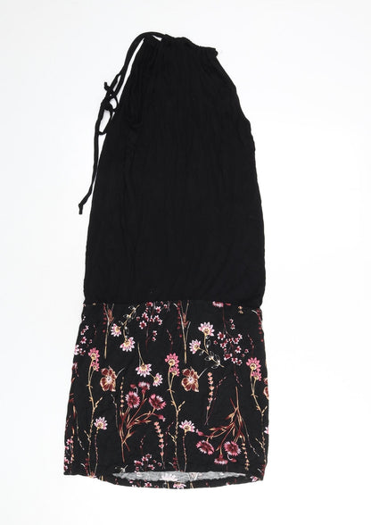 LASCANA Womens Black Floral Viscose Sheath Size 10 Round Neck Tie - Keyhole Cut Out