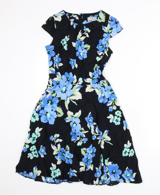 Billie & Blossom Womens Black Floral Viscose Fit & Flare Size 10 Round Neck Button - Cut Out Back Detail