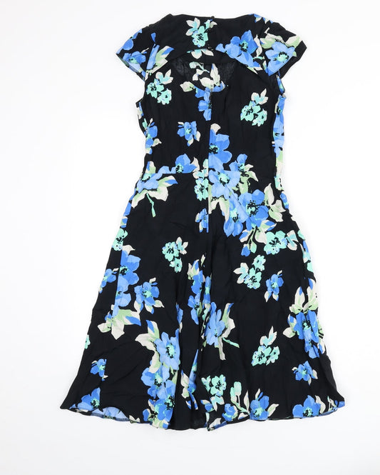 Billie & Blossom Womens Black Floral Viscose Fit & Flare Size 10 Round Neck Button - Cut Out Back Detail