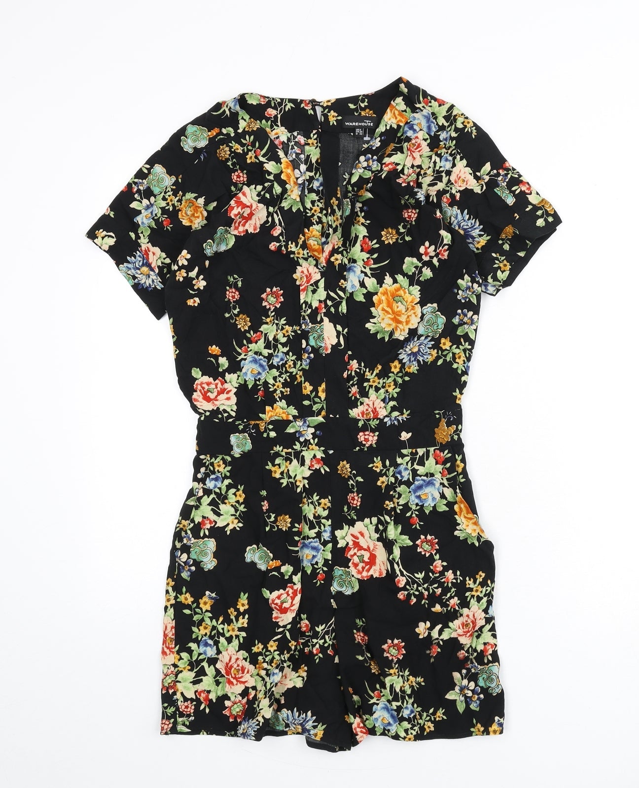 Warehouse Womens Black Floral Viscose Romper One-Piece Size 6 L3 in Button