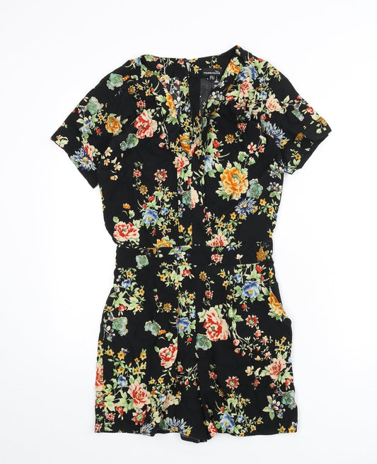 Warehouse Womens Black Floral Viscose Romper One-Piece Size 6 L3 in Button