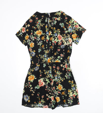 Warehouse Womens Black Floral Viscose Romper One-Piece Size 6 L3 in Button