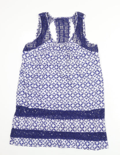 Solitaire Womens Blue Geometric Cotton Cover Up Size L - Lace Trim