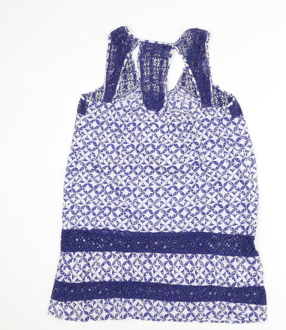 Solitaire Womens Blue Geometric Cotton Cover Up Size L - Lace Trim