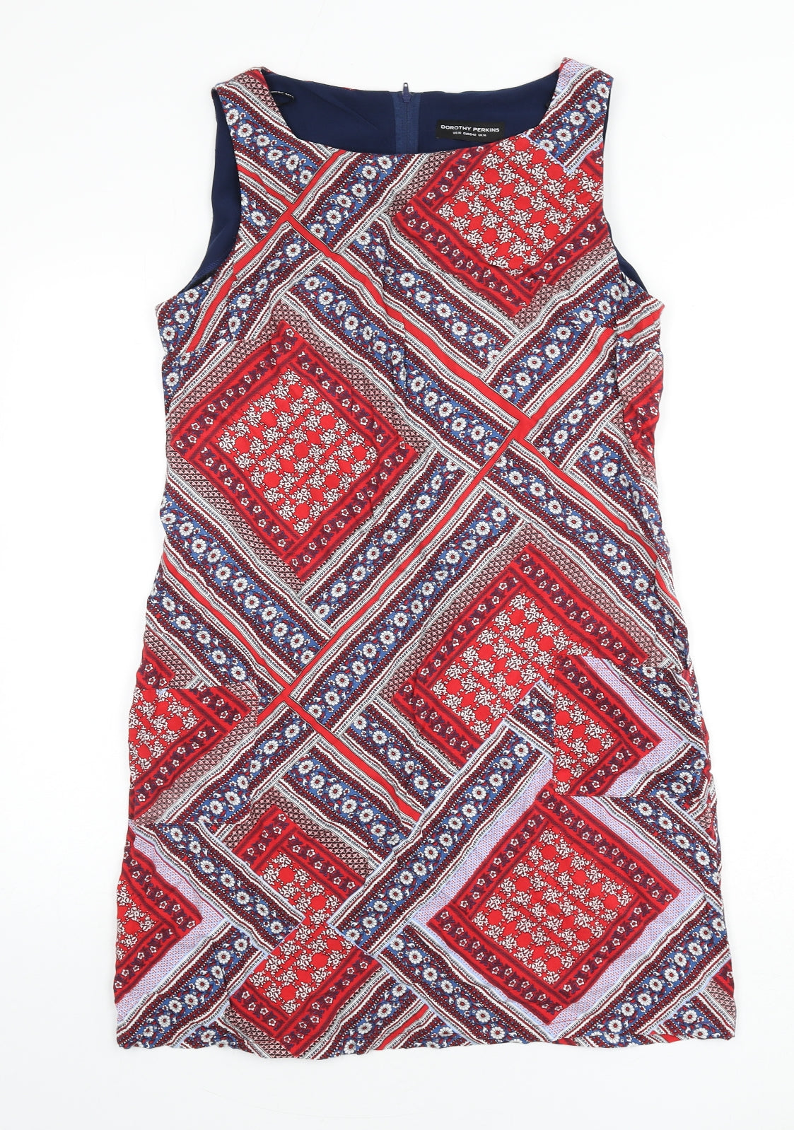 Dorothy Perkins Womens Multicoloured Geometric Viscose Sheath Size 14 Boat Neck Zip