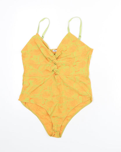 Zara Womens Orange Floral Polyester Bodysuit One-Piece Size L Snap - Knot Front