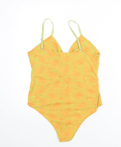 Zara Womens Orange Floral Polyester Bodysuit One-Piece Size L Snap - Knot Front