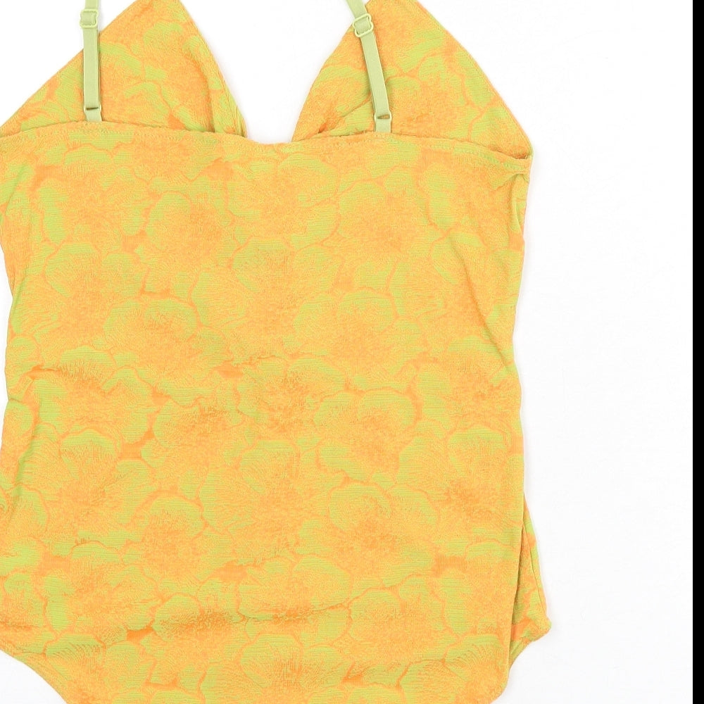 Zara Womens Orange Floral Polyester Bodysuit One-Piece Size L Snap - Knot Front