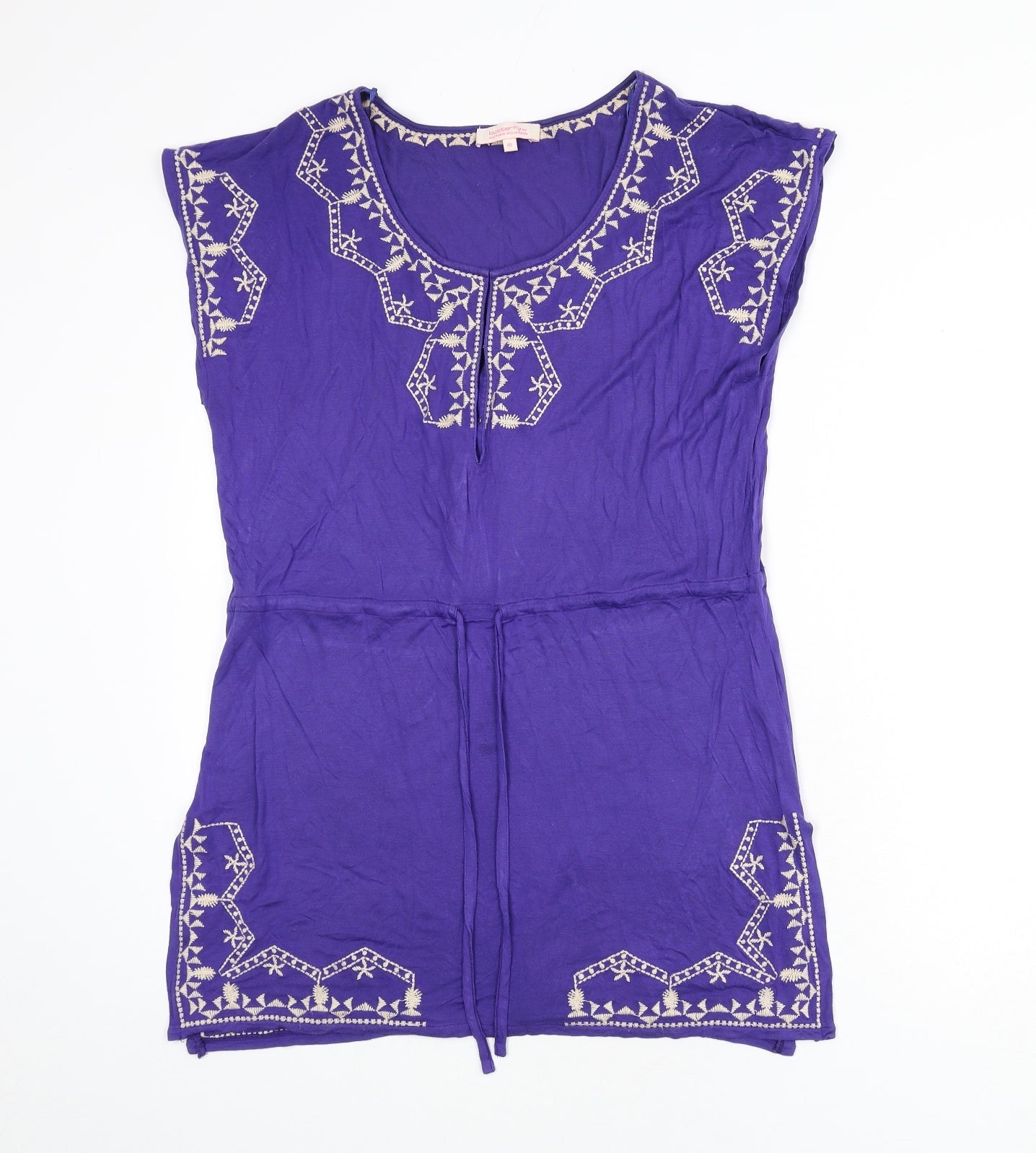 Butterfly Womens Blue Viscose A-Line Size 10 Scoop Neck Pullover - Embroidered Detail