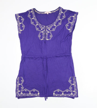 Butterfly Womens Blue Viscose A-Line Size 10 Scoop Neck Pullover - Embroidered Detail