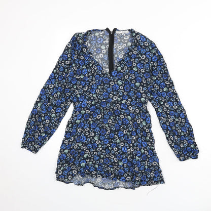 Pull&Bear Womens Blue Floral Viscose Mini Size L V-Neck Zip