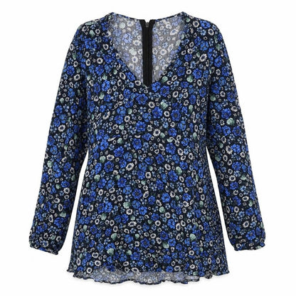 Pull&Bear Womens Blue Floral Viscose Mini Size L V-Neck Zip