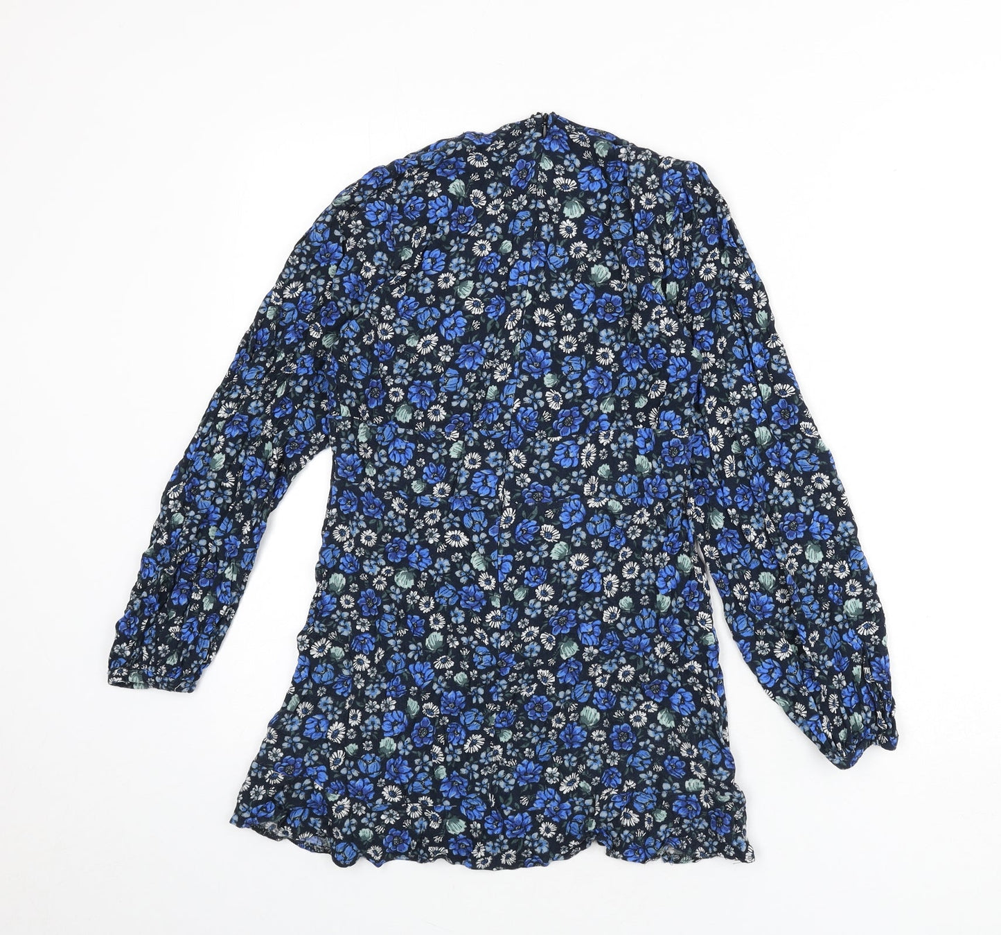 Pull&Bear Womens Blue Floral Viscose Mini Size L V-Neck Zip