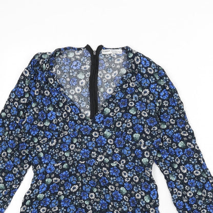 Pull&Bear Womens Blue Floral Viscose Mini Size L V-Neck Zip