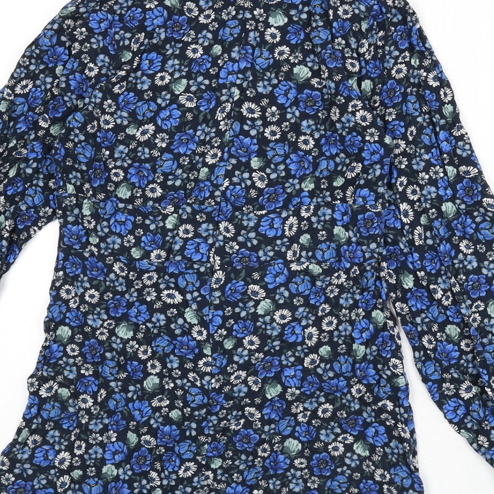 Pull&Bear Womens Blue Floral Viscose Mini Size L V-Neck Zip