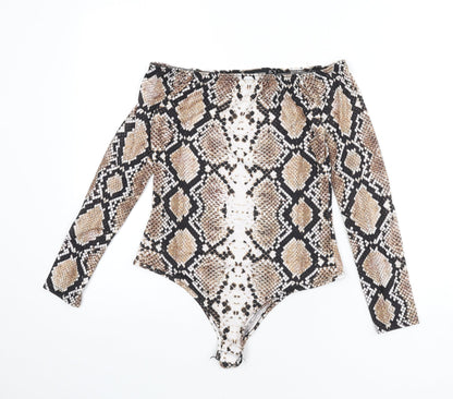 PRETTYLITTLETHING Womens Multicoloured Animal Print Polyester Bodysuit One-Piece Size 10 Snap - Snake Skin Print