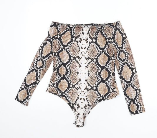 PRETTYLITTLETHING Womens Multicoloured Animal Print Polyester Bodysuit One-Piece Size 10 Snap - Snake Skin Print
