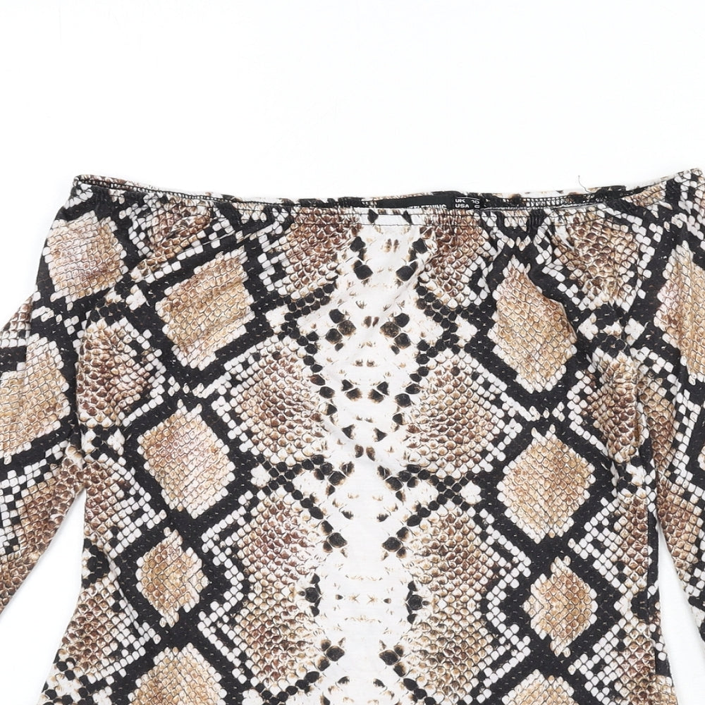 PRETTYLITTLETHING Womens Multicoloured Animal Print Polyester Bodysuit One-Piece Size 10 Snap - Snake Skin Print