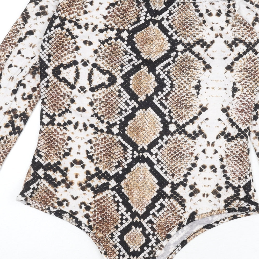 PRETTYLITTLETHING Womens Multicoloured Animal Print Polyester Bodysuit One-Piece Size 10 Snap - Snake Skin Print