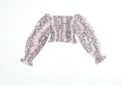 Jeuvre Womens Pink Animal Print Polyester Cropped Blouse Size 10 Off the Shoulder - Snake Print, Shirred