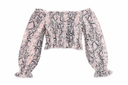 Jeuvre Womens Pink Animal Print Polyester Cropped Blouse Size 10 Off the Shoulder - Snake Print, Shirred