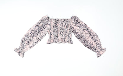 Jeuvre Womens Pink Animal Print Polyester Cropped Blouse Size 10 Off the Shoulder - Snake Print, Shirred