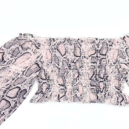 Jeuvre Womens Pink Animal Print Polyester Cropped Blouse Size 10 Off the Shoulder - Snake Print, Shirred