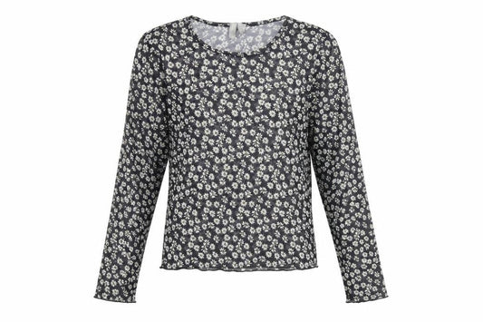 Front view of ASOS women’s black floral polyester basic t-shirt, size UK 10, round neck - daisy print sheer