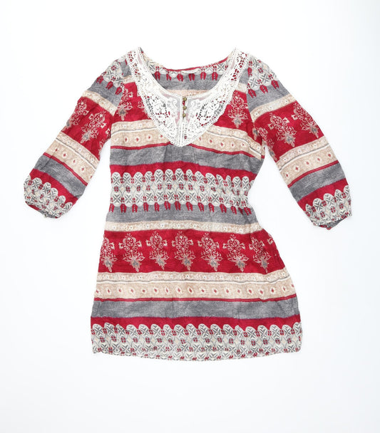 Indigo Womens Multicoloured Geometric Viscose Shift Size 12 Scoop Neck Pullover - Lace Details