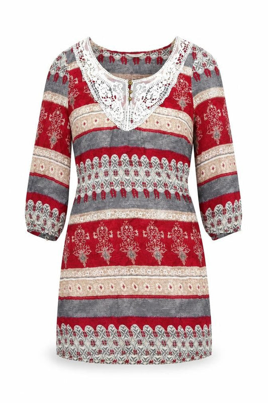 Indigo Womens Multicoloured Geometric Viscose Shift Size 12 Scoop Neck Pullover - Lace Details