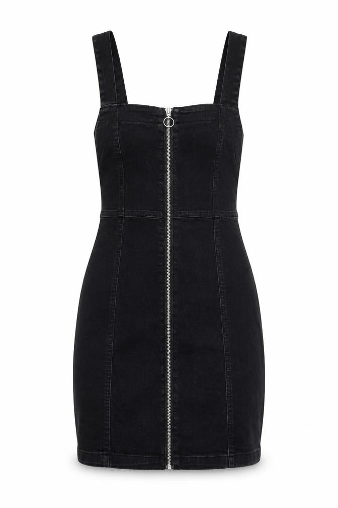 Denim & Co. Womens Black Cotton Pinafore/Dungaree Dress Size 6 Square Neck Zip - Pinafore